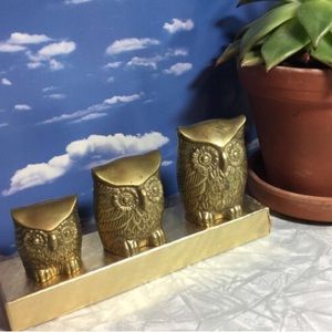Brass Owls trio vintage decor metal triplet threesome Owl family set